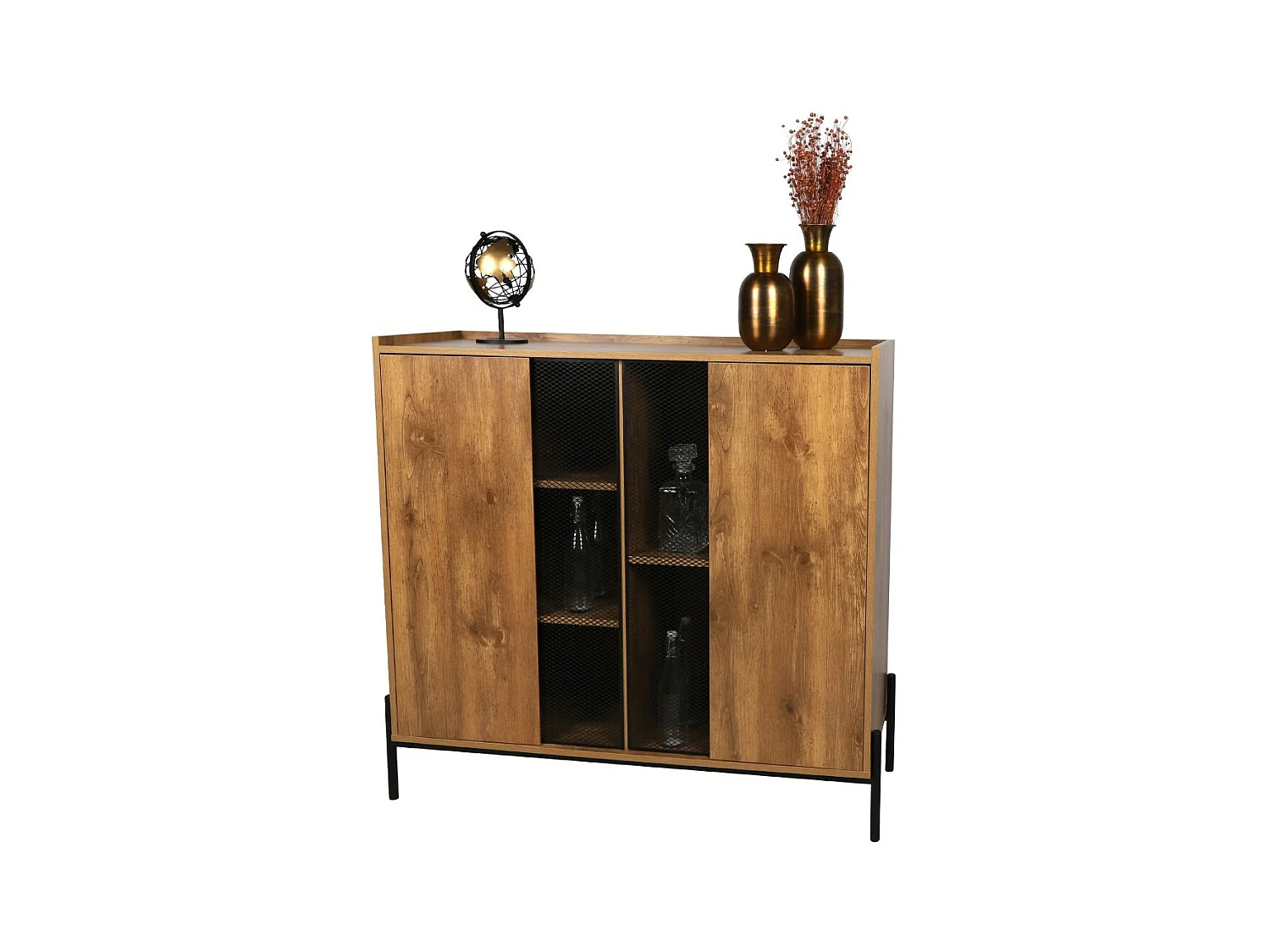 Buffet 2 portes grillagées et 5 niches collection HELIAS – Style rustique, dimensions 118x40x110 cm, coloris chêne foncé et noir