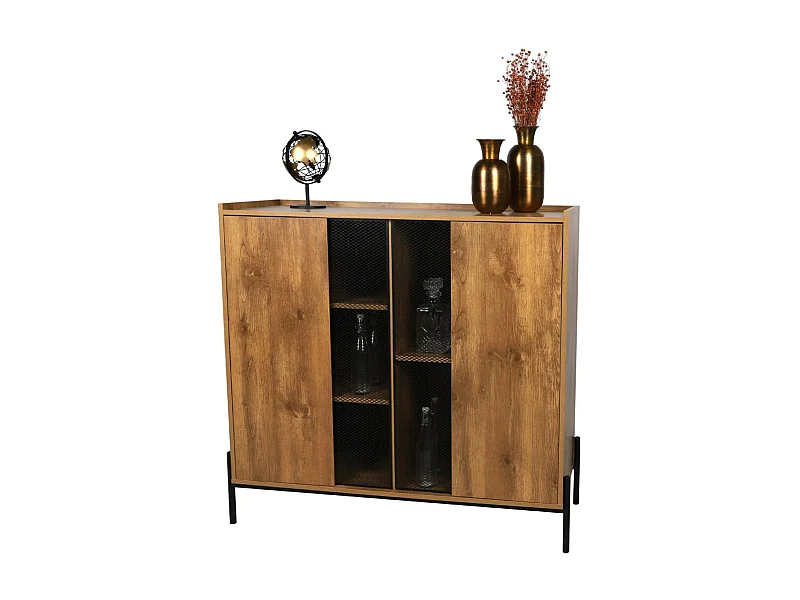 Buffet 2 portes grillagées et 5 niches collection HELIAS – Style rustique, dimensions 118x40x110 cm, coloris chêne foncé et noir