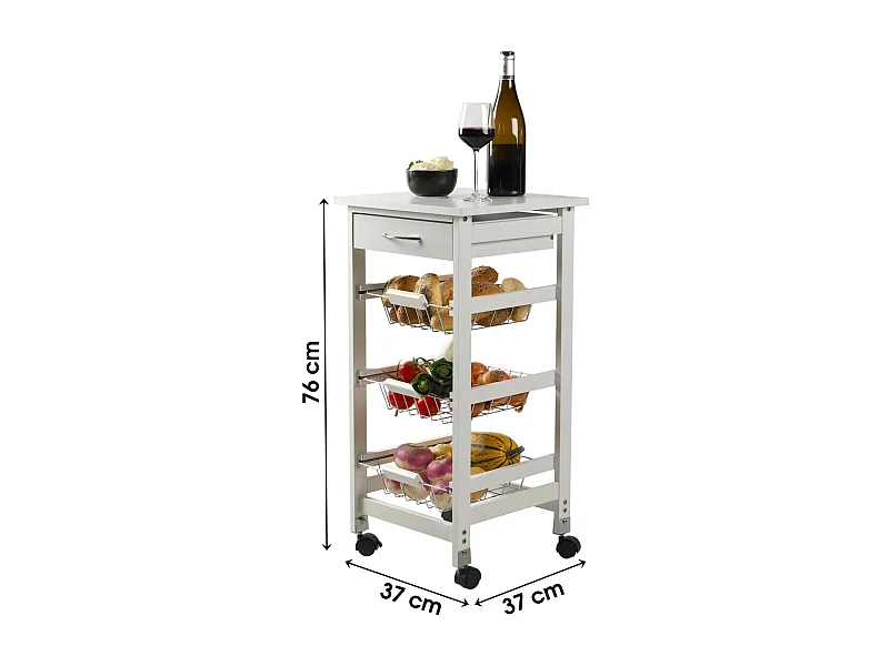 Desserte de rangement blanche sur roulettes – 3 panières, dimensions 37x37x76 cm – Collection ROLLYX