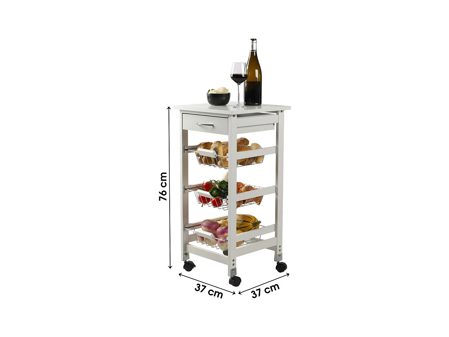 Desserte de rangement blanche sur roulettes – 3 panières, dimensions 37x37x76 cm – Collection ROLLYX