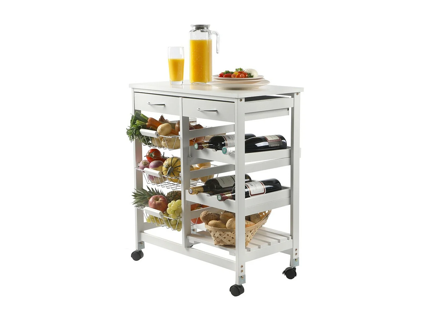 Rollwagen in Weiß mit 2 Schubladen und 3 Regalen, Maße 65x35x76 cm – Kollektion ROLLYX