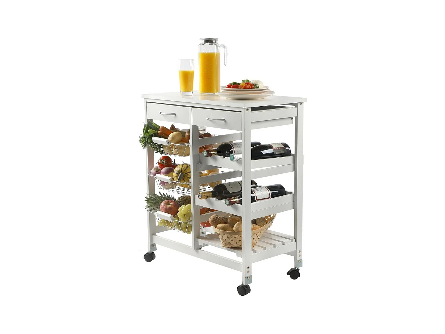 Desserte de rangement blanche sur roulettes – 2 tiroirs et 3 étagères, dimensions 65x35x76 cm – Collection ROLLYX