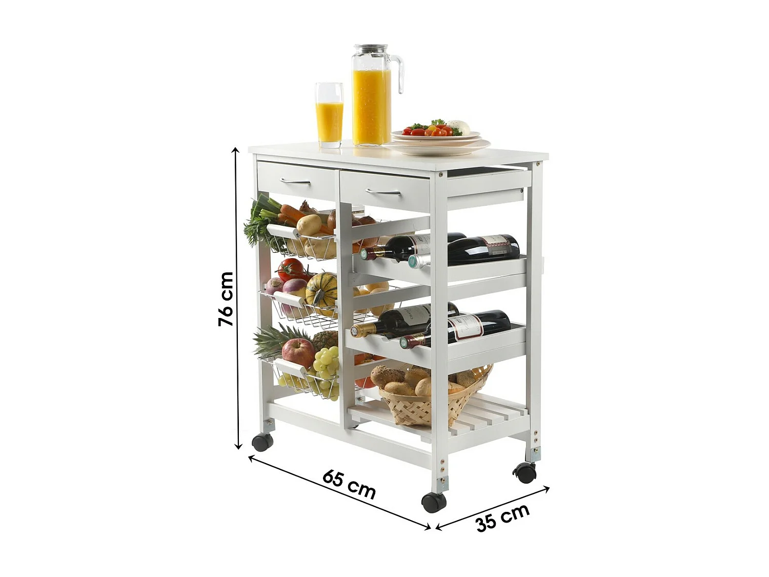 Witte opbergtafel op wieltjes - 2 lades en 3 planken, afmetingen 65x35x76 cm - Collectie ROLLYX