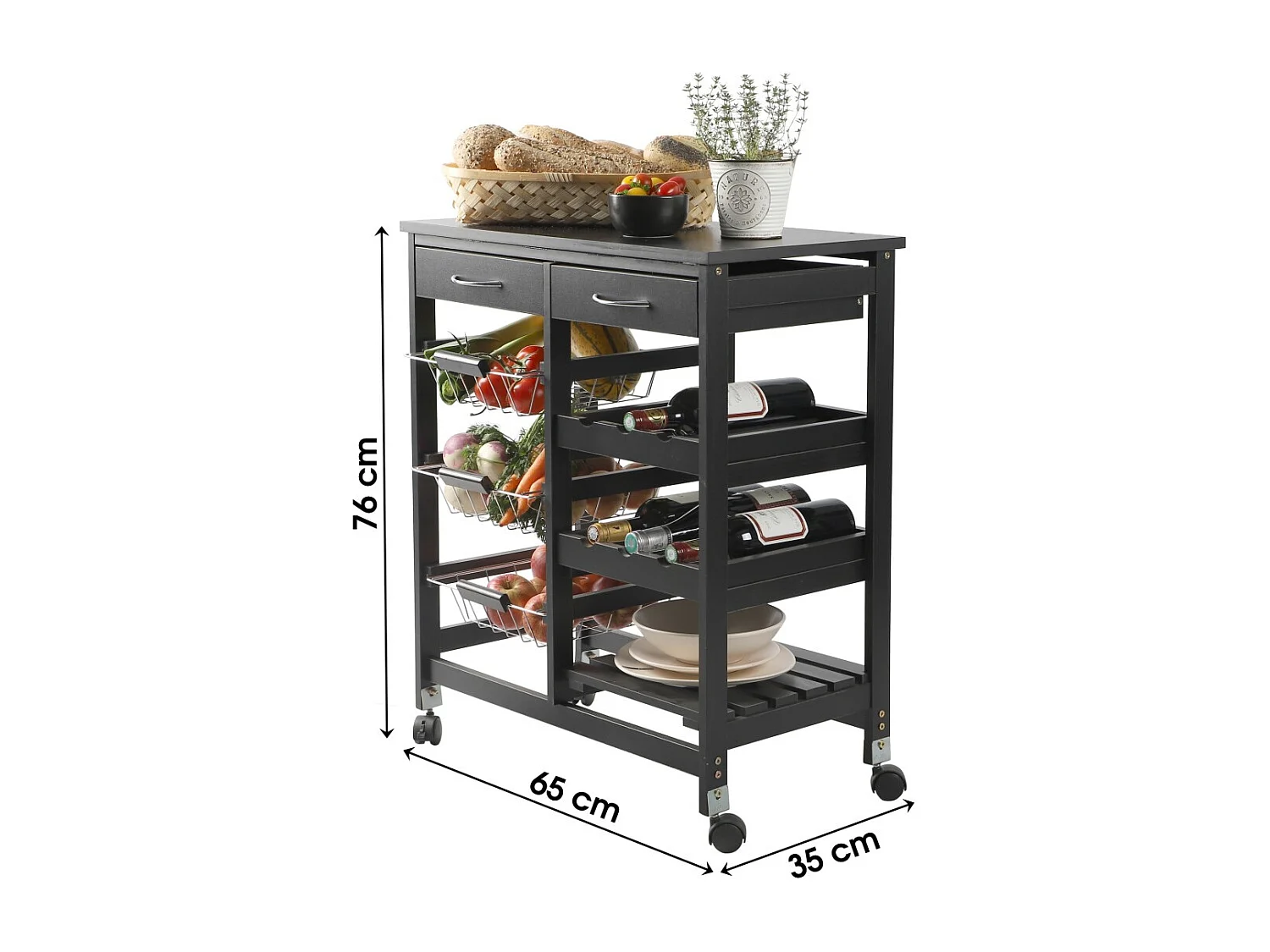 Carrinho de armazenamento preto com rodinhas, com 2 gavetas e 3 prateleiras - dimensões 65x35x76cm