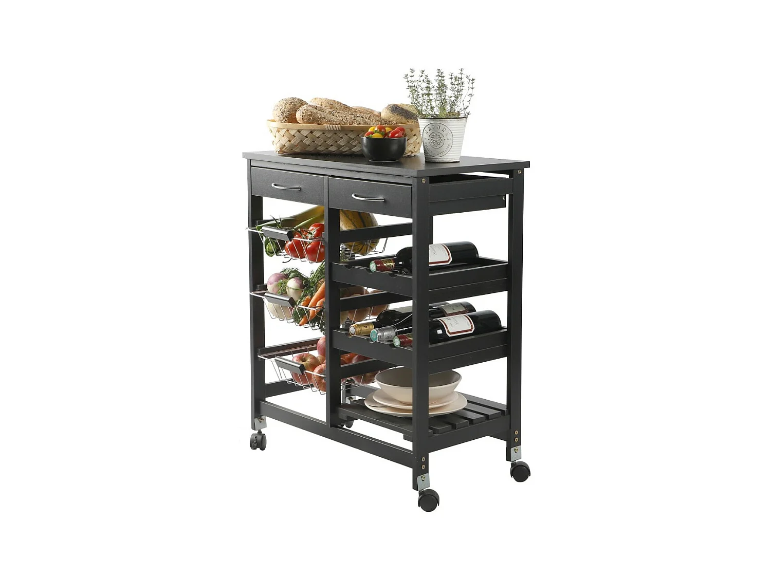 Desserte de rangement noire sur roulettes – 2 tiroirs et 3 étagères, dimensions 65x35x76 cm