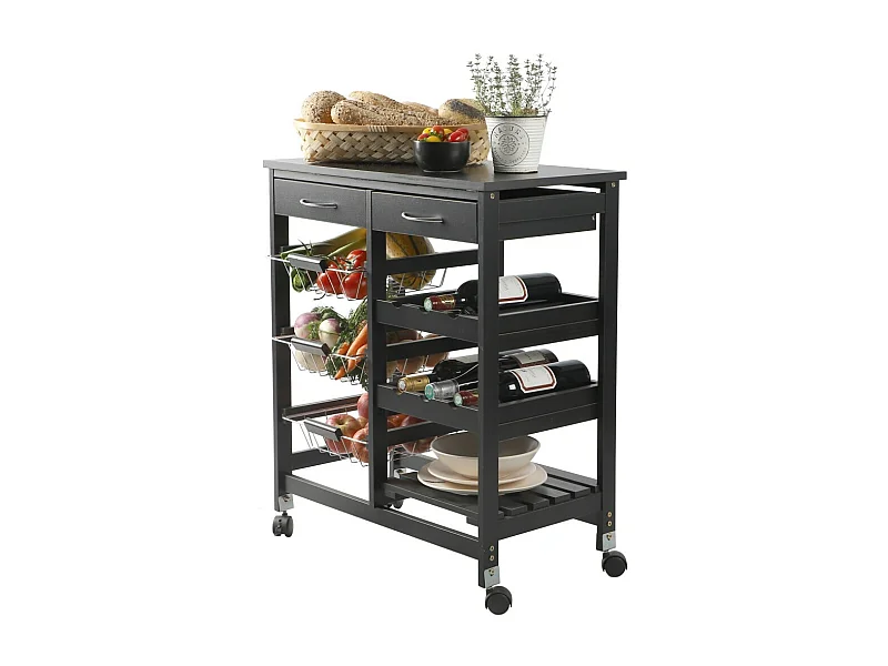 Zwarte opbergwagen op wielen - 2 laden en 3 planken, afmetingen 65x35x76 cm