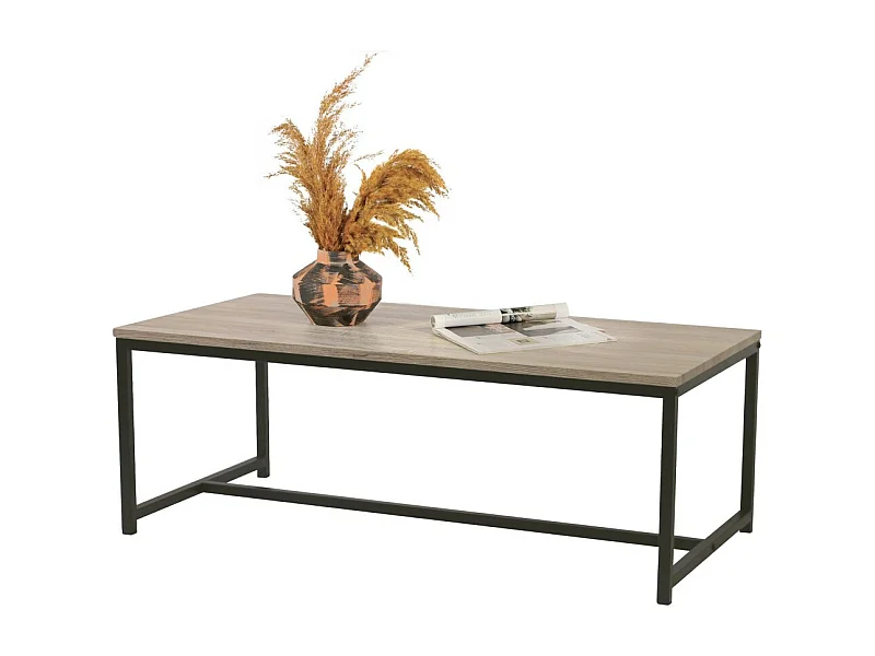 Industriële stijl salontafel collectie RANONG - Kleur licht eiken met zwart metalen poten, afmetingen 100x50x36 cm