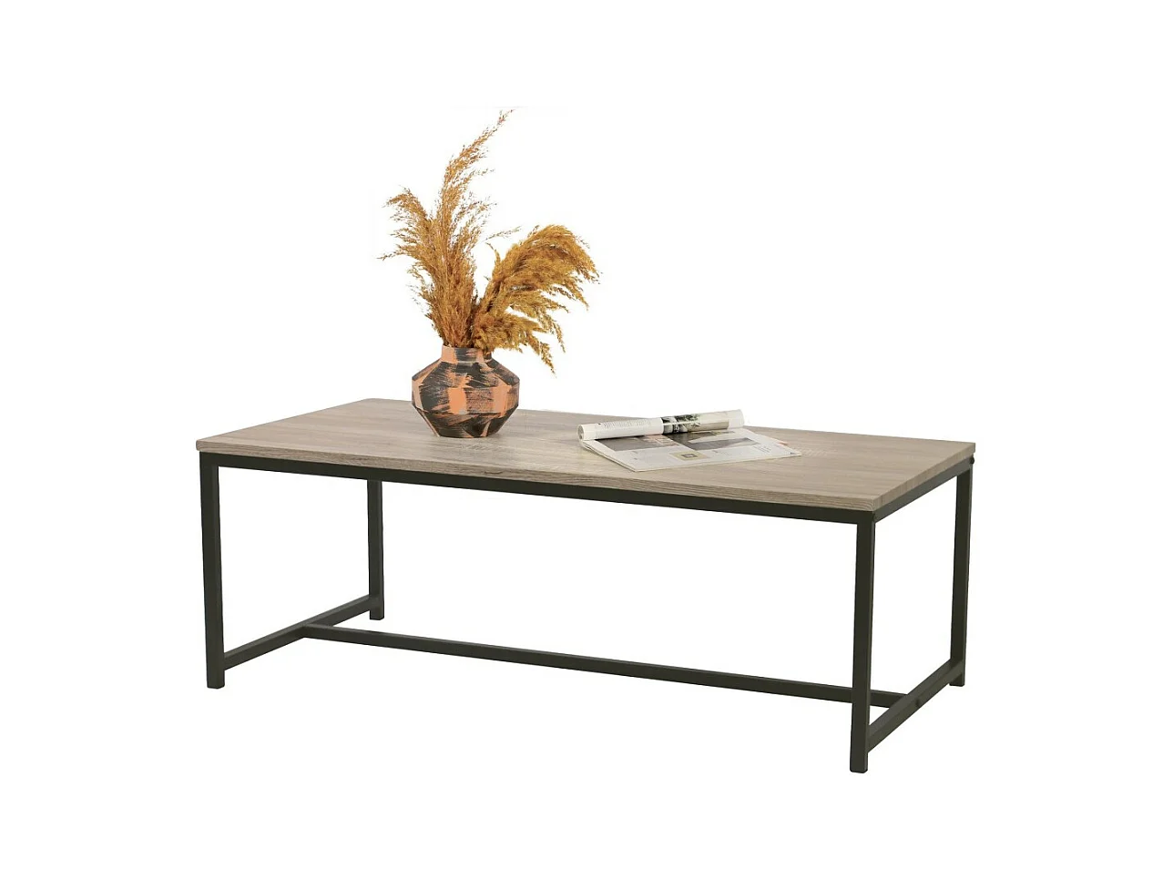 Industriële stijl salontafel collectie RANONG - Kleur licht eiken met zwart metalen poten, afmetingen 100x50x36 cm