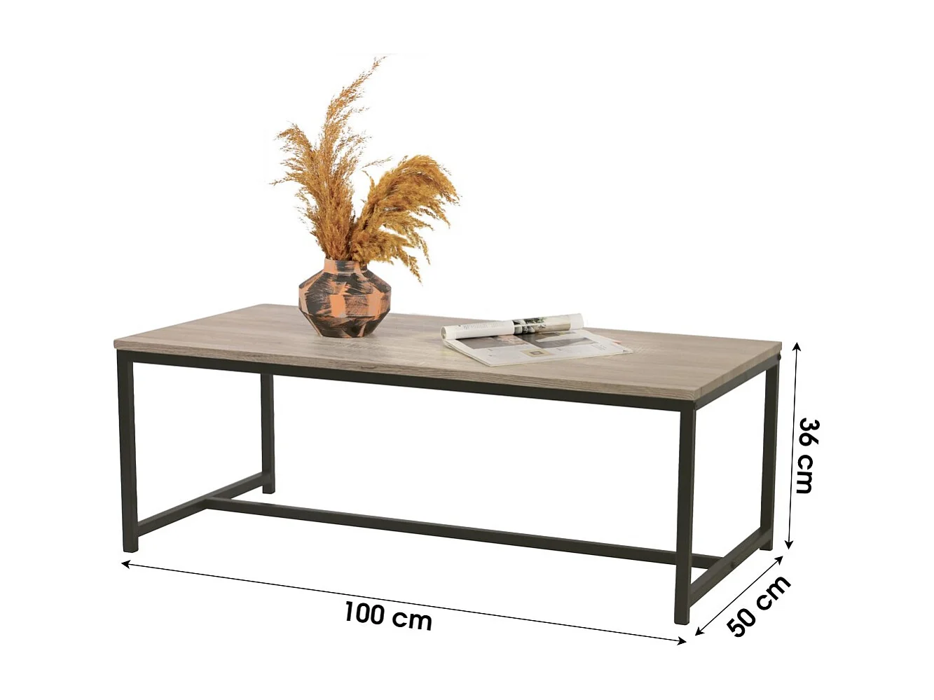 Mesa baja estilo industrial colección RANONG - Color roble claro con pie de metal negro, dimensiones 100x50x36 cm