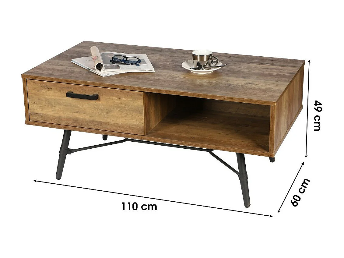 Couchtisch SOUTHAMPTON – Farbe Dunkleiche, schwarze Metallbeine, Maße 60x49x110 cm