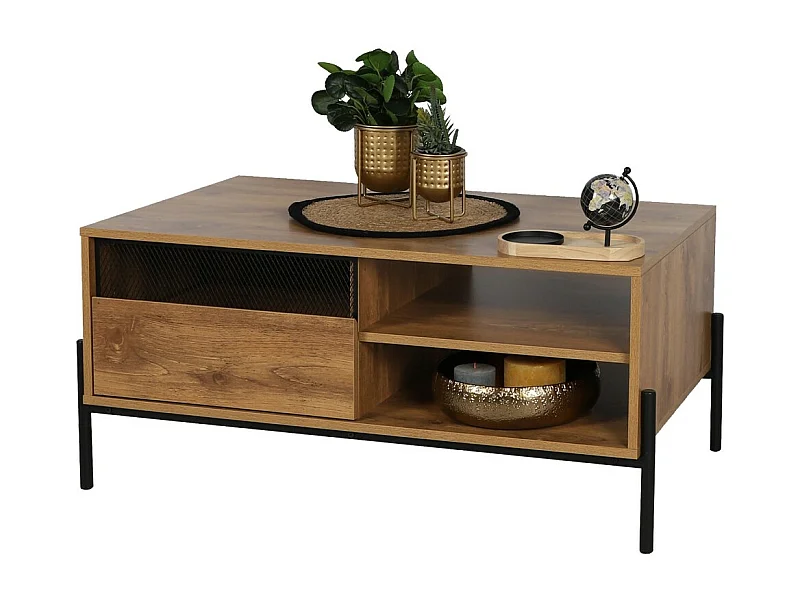 Table basse style rustique collection HELIAS – Coloris chêne foncé, pieds en métal noir, dimensions 60x49x110 cm