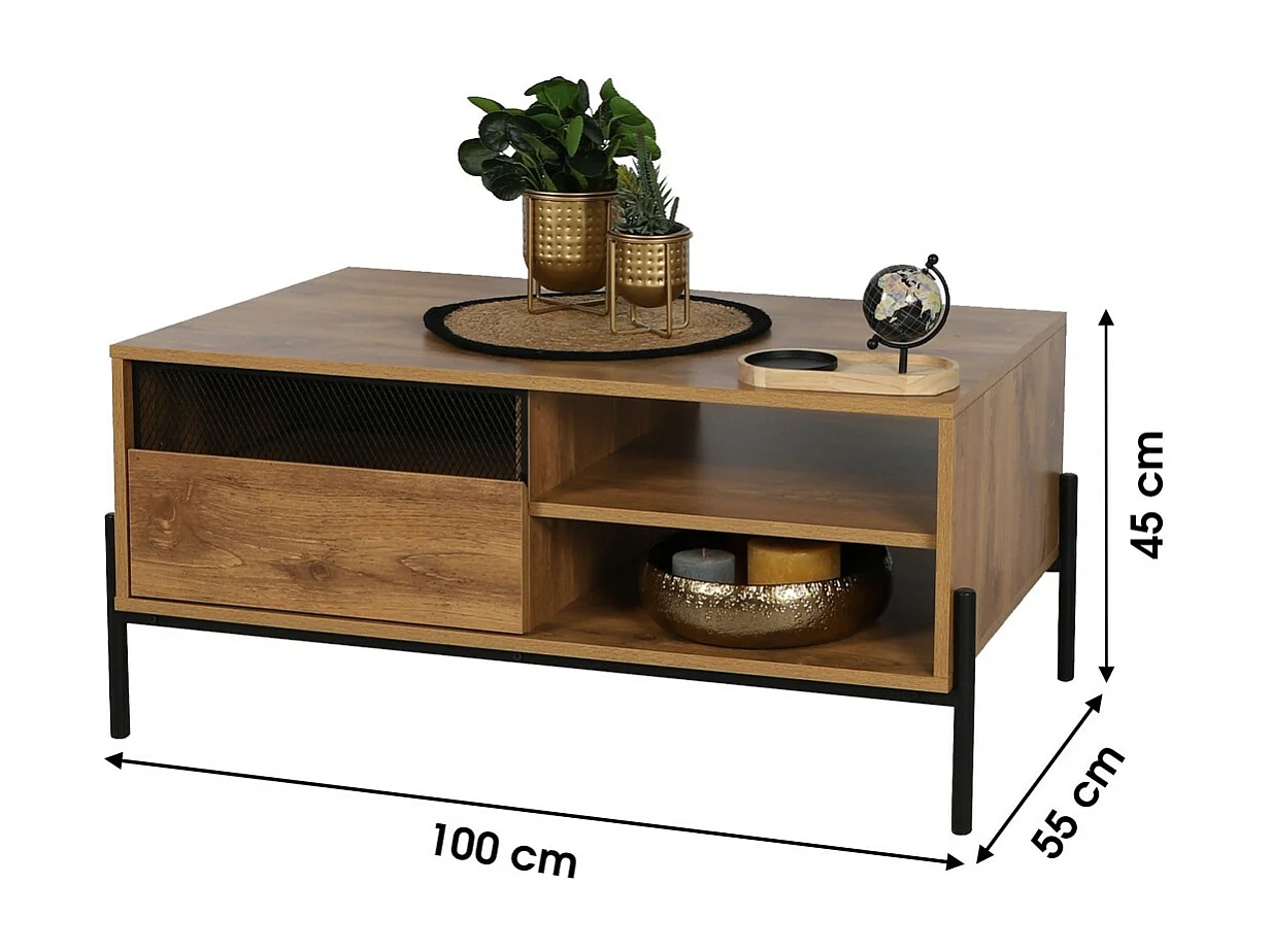 Mesa de centro cor carvalho escuro estilo rústico. Pés em metal preto, dimensões 60x49x110cm.