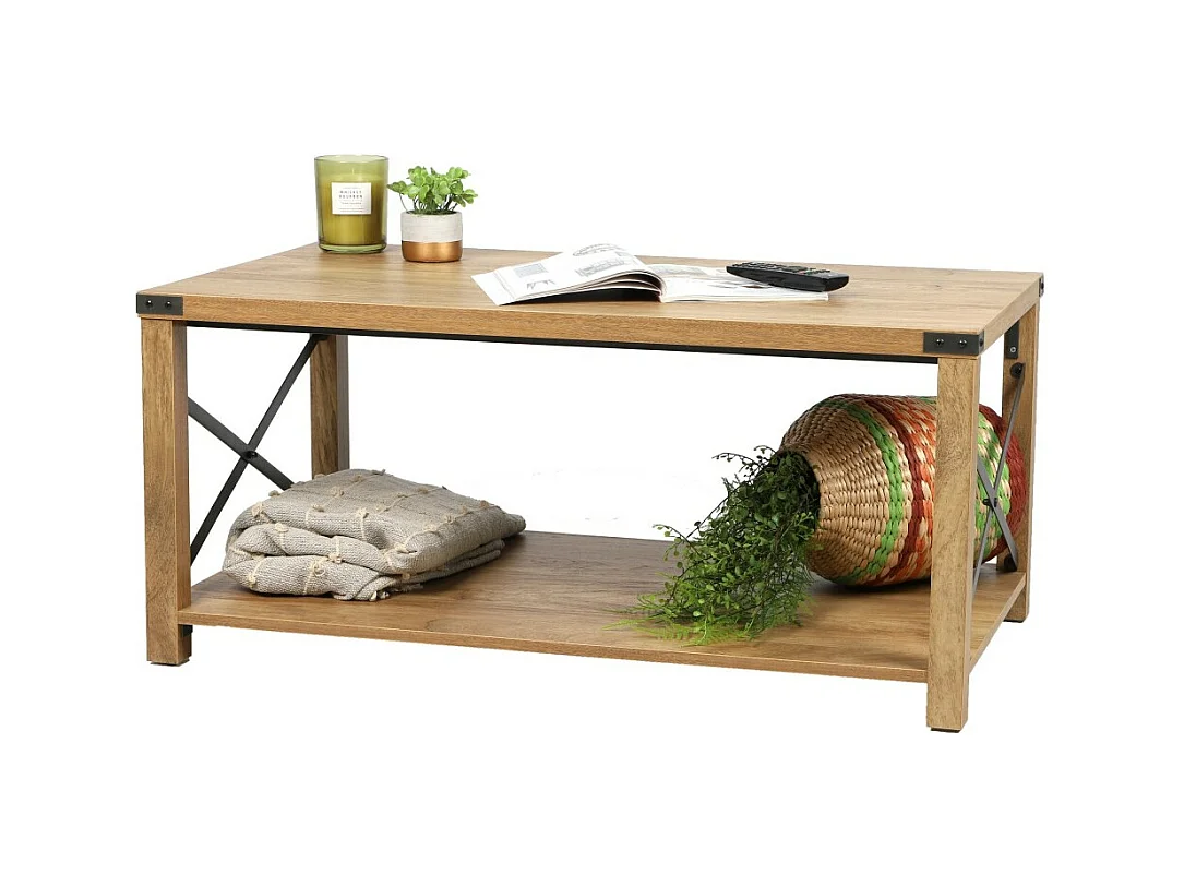 Table basse avec croisillons en métal collection BELVINA – Coloris chêne clair, dimensions 100x55x46 cm