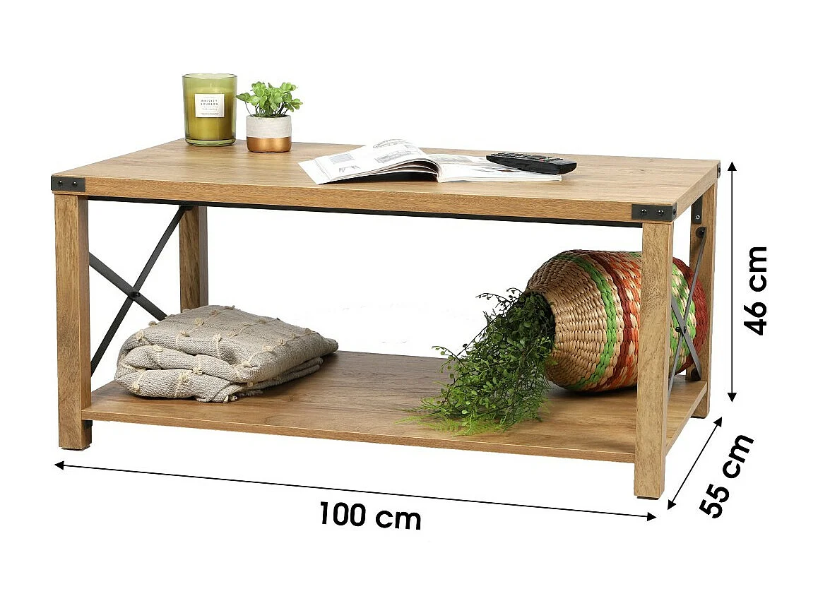 Salontafel met metalen kruisverbanden uit de BELVINA collectie - Licht eiken kleur, afmetingen 100x55x46 cm