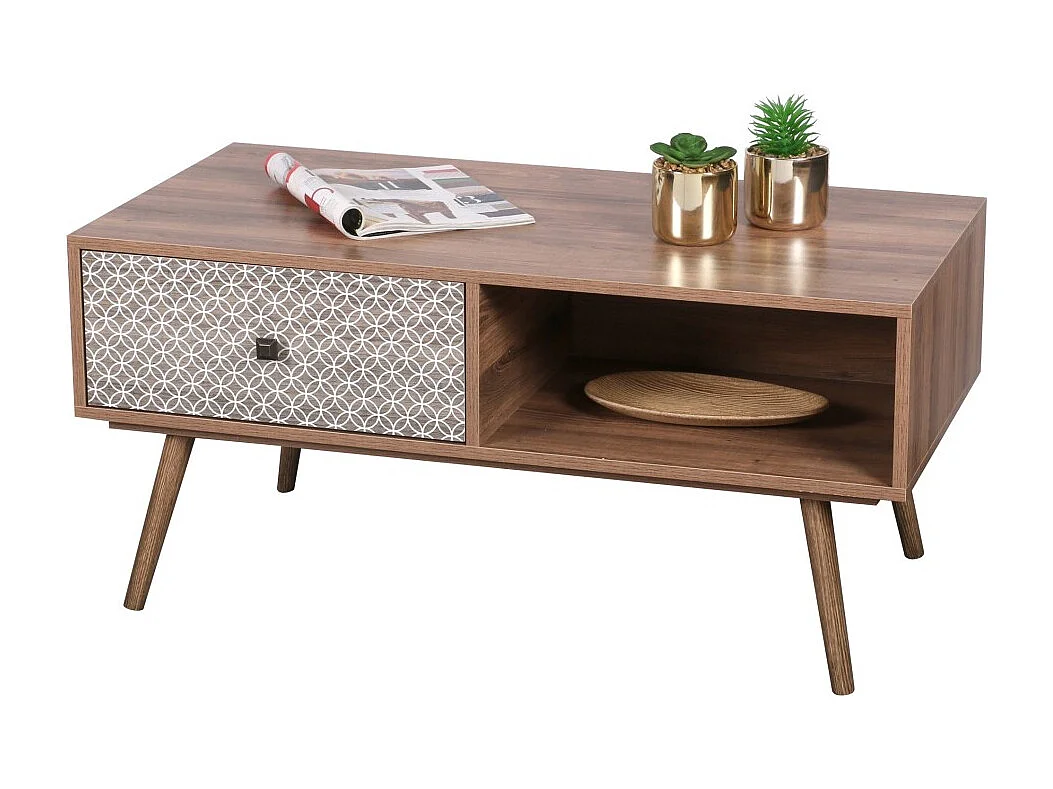 Mesa de centro com uma gaveta de estilo étnico, dimensões 100x50x47cm.