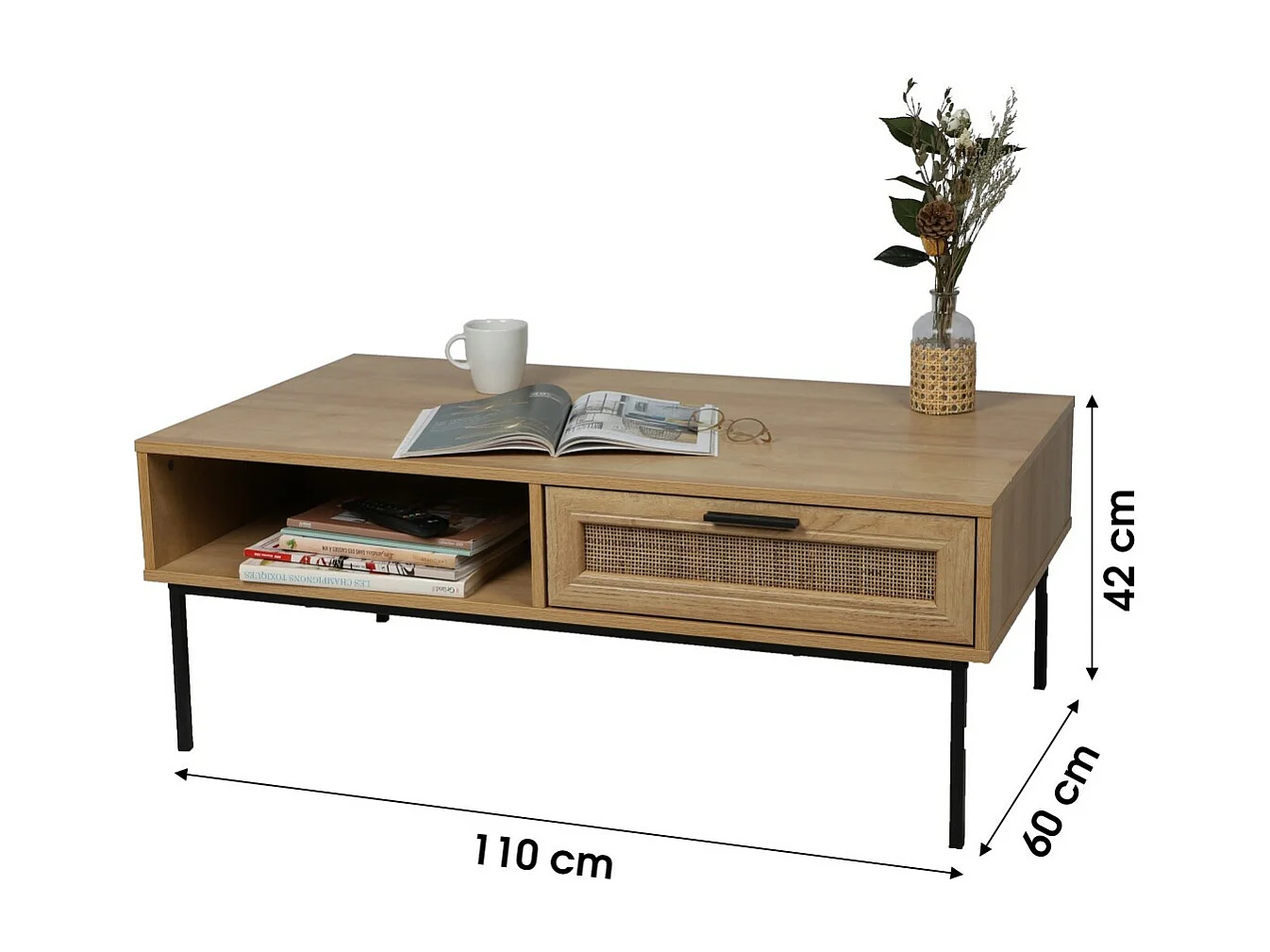 Table basse rustique – Tiroir effet jute et niche, 110x60xH42 cm, coloris chêne clair – Collection SAVORY