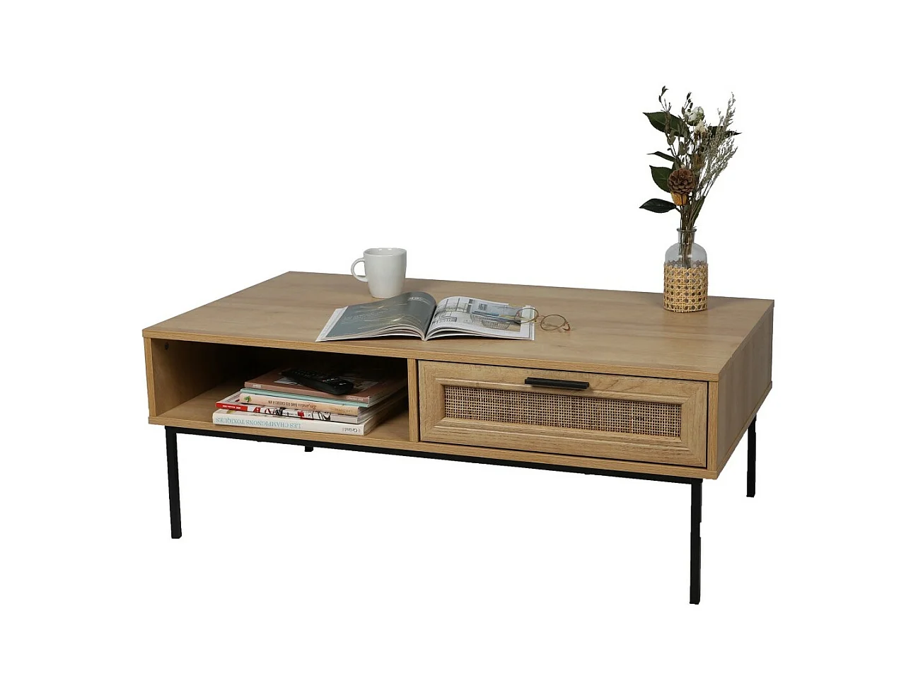 Table basse rustique – Tiroir effet jute et niche, 110x60xH42 cm, coloris chêne clair – Collection SAVORY