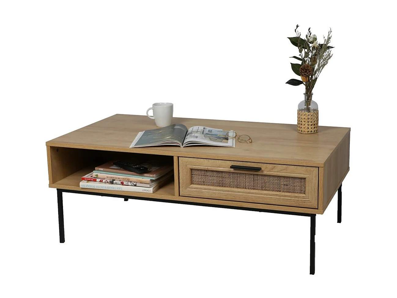 Table basse rustique – Tiroir effet jute et niche, 110x60xH42 cm, coloris chêne clair – Collection SAVORY