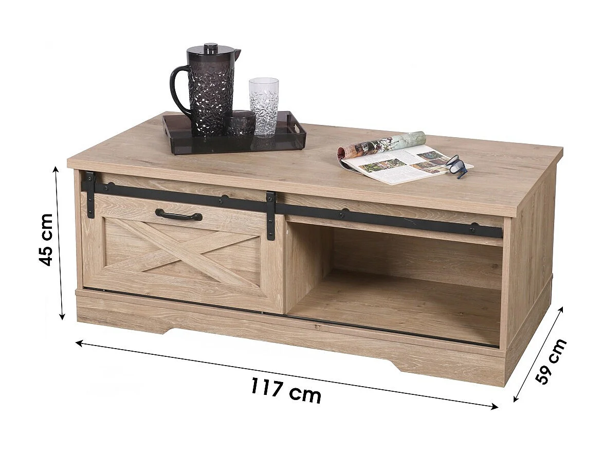 Table basse style rustique collection WAYNE - 1 porte coulissante et une niche, dimensions 117x59x45 cm