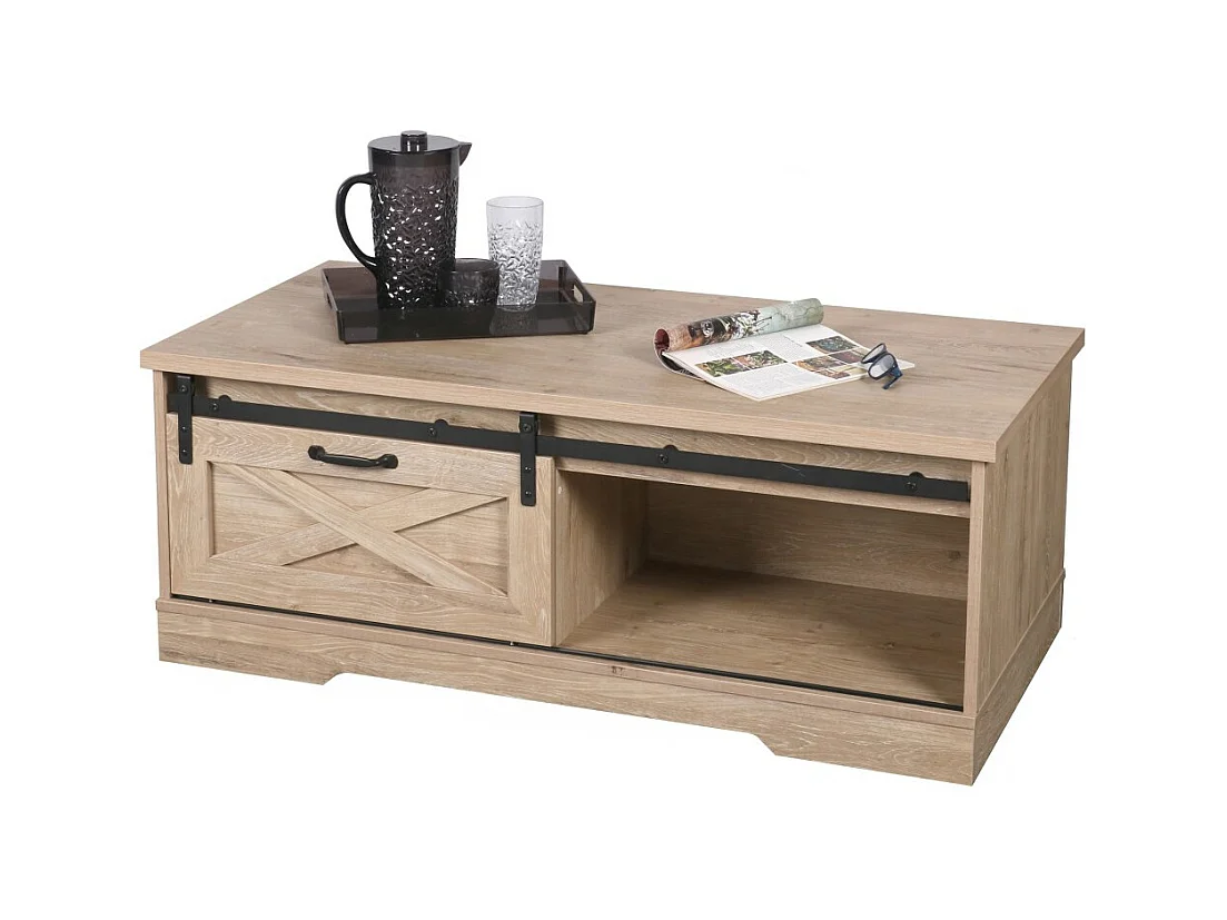 Lage salontafel in rustieke stijl uit de WAYNE-collectie - 1 schuifdeur en een nis, afmetingen 117x59x45 cm