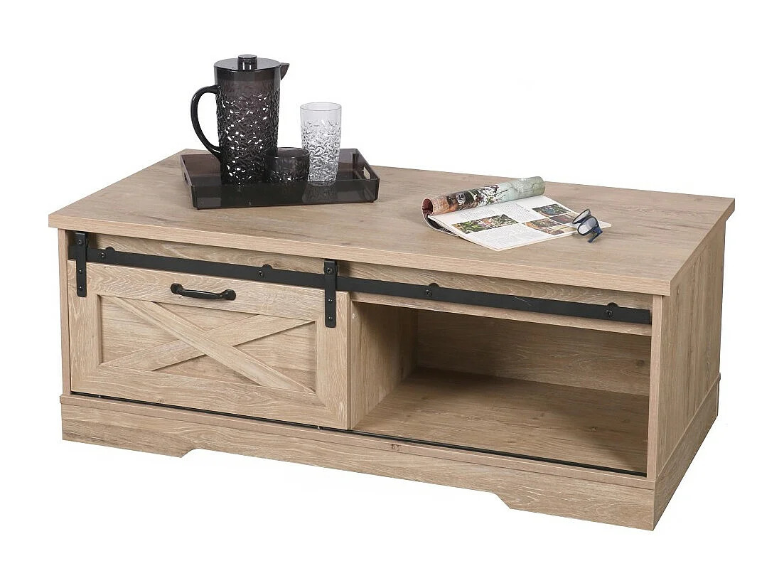 Lage salontafel in rustieke stijl uit de WAYNE-collectie - 1 schuifdeur en een nis, afmetingen 117x59x45 cm