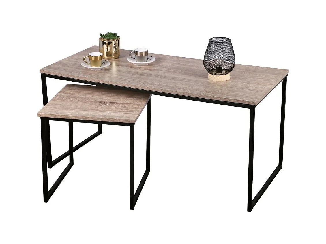 Ensemble 2 tables basses gigognes HOLBORN – Chêne clair et métal noir – Design moderne 100x50 cm