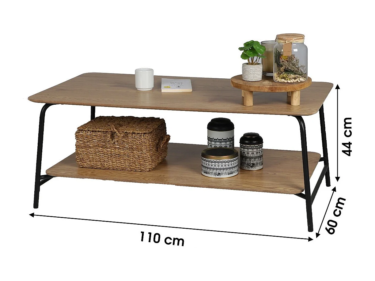 Table basse ouverte style industriel collection PAGNOL – Coloris chêne clair, dimensions 110x60xH44 cm