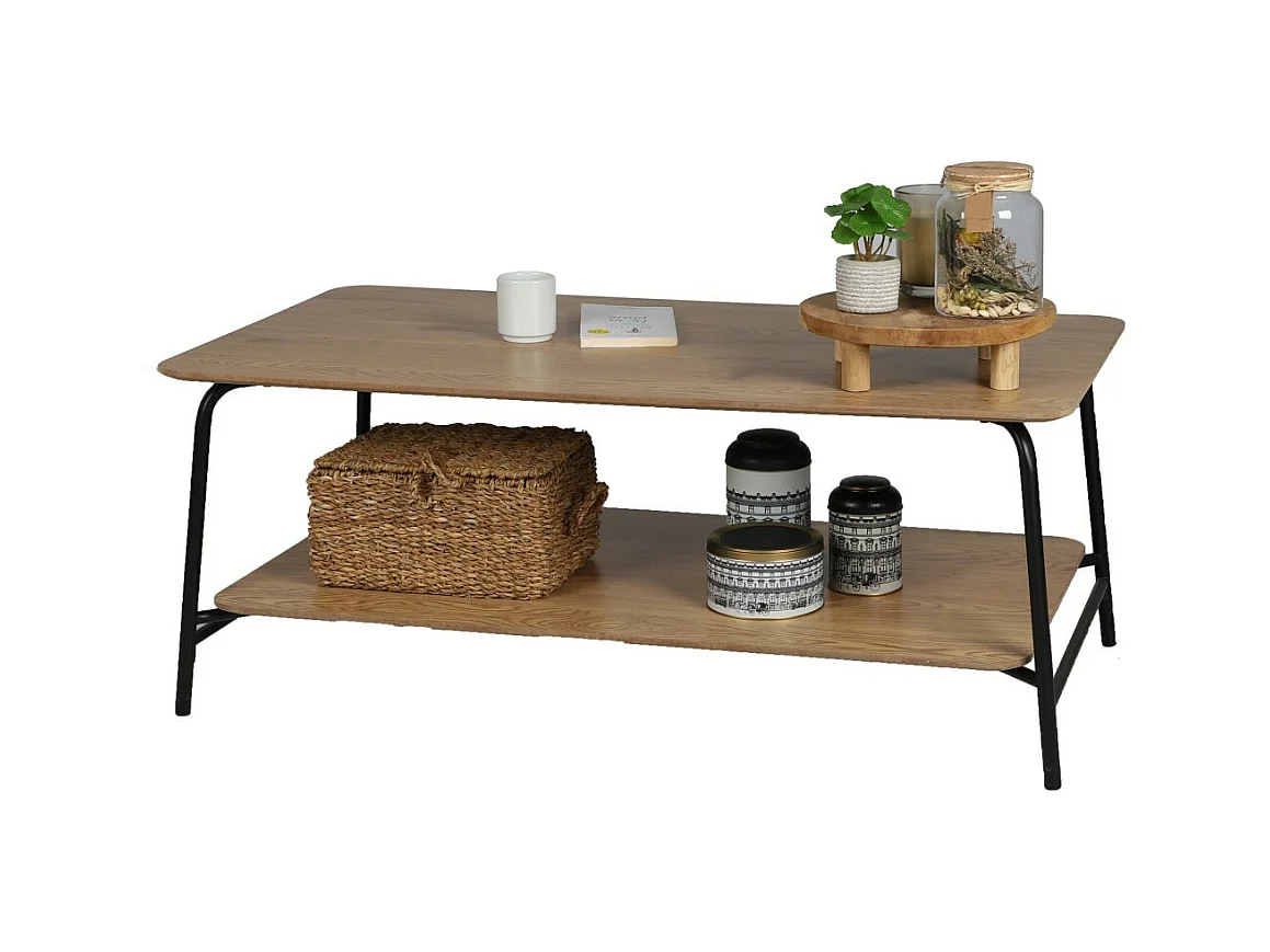 Table basse ouverte style industriel collection PAGNOL – Coloris chêne clair, dimensions 110x60xH44 cm