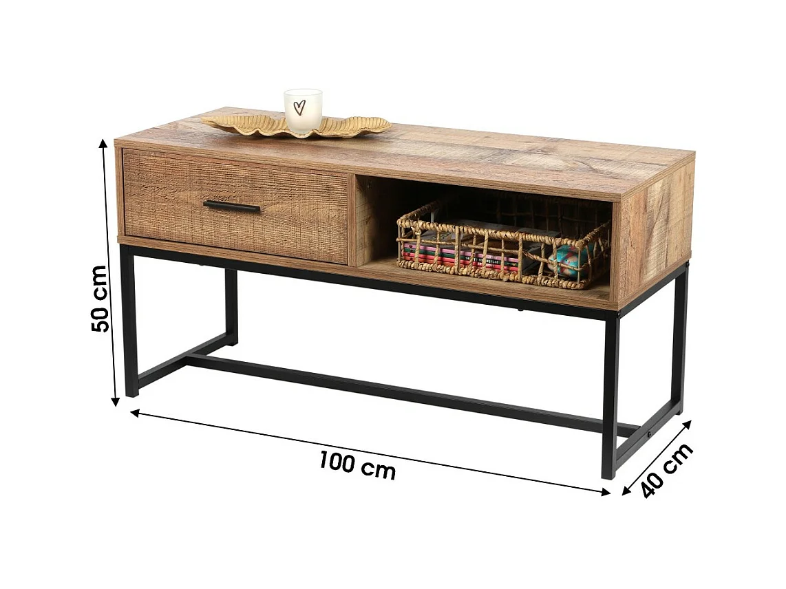 Table basse style rustique – 1 tiroir et une niche, coloris chêne clair, dimensions 100x40xH50 cm – Collection OAKLANDER