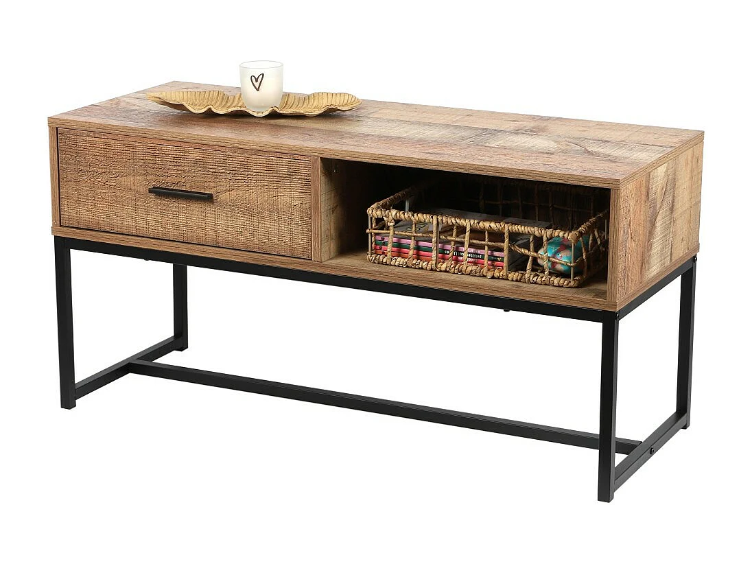 Table basse style rustique – 1 tiroir et une niche, coloris chêne clair, dimensions 100x40xH50 cm – Collection OAKLANDER