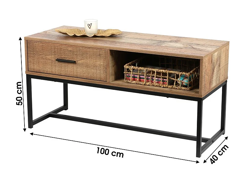 Niedriger Couchtisch im rustikalen Stil – 1 Schublade und ein Fach, Farbe helles Eichenholz, Maße 100x40xH50 cm – Kollektion OAKLANDER