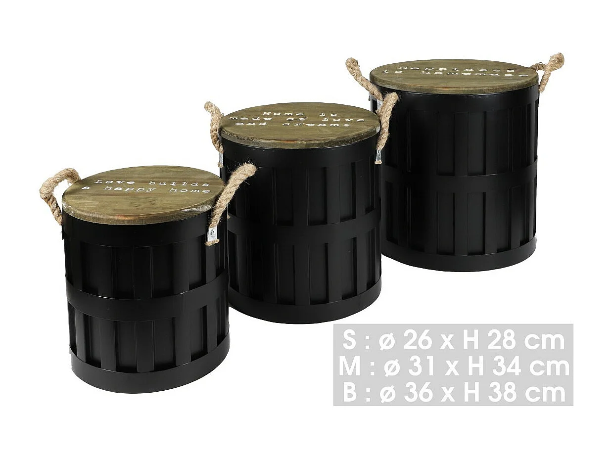 Ensemble de 3 tables basses en métal avec anse en corde – Coloris noir, dimensions 36x36xH38 cm