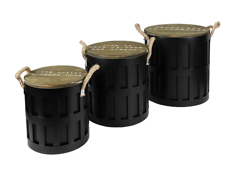 Set di 3 tavolini in metallo con manico in corda - Colore nero, dimensioni 36x36xH38 cm.