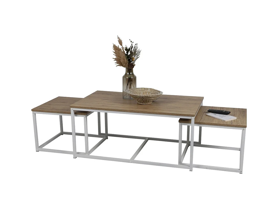 Ensemble 3 tables d'appoint gigognes carrées PUEBLO – Style industriel – Chêne foncé et blanc
