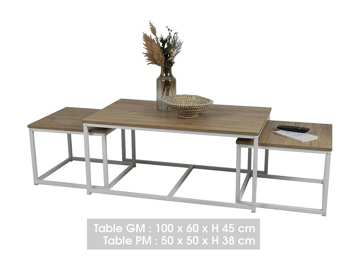 Set von 3 quadratischen ineinander greifenden Beistelltischen der Kollektion PUEBLO – Industriestil in Eichen- und Weißfarben