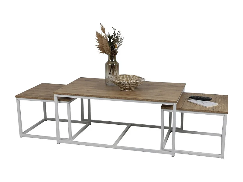 Conjunto de 3 mesas auxiliares cuadradas anidadas colección PUEBLO – Estilo industrial en colores roble y blanco