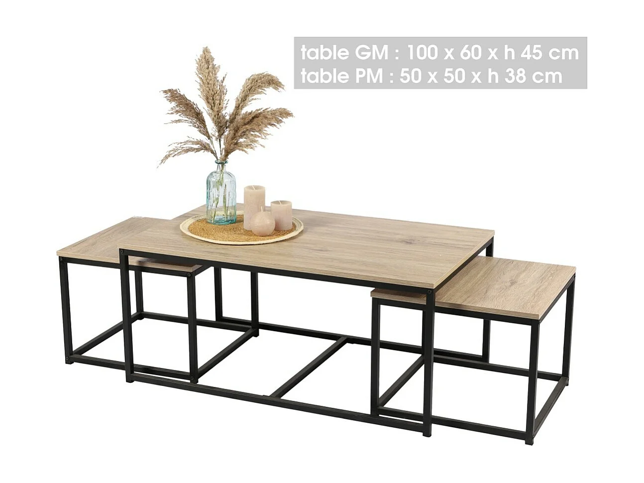 Set von 3 quadratischen Beistelltischen, verschachtelte Kollektion RANON – klassischer Stil, Farbe helles Eichenholz, 100x60xH45 cm