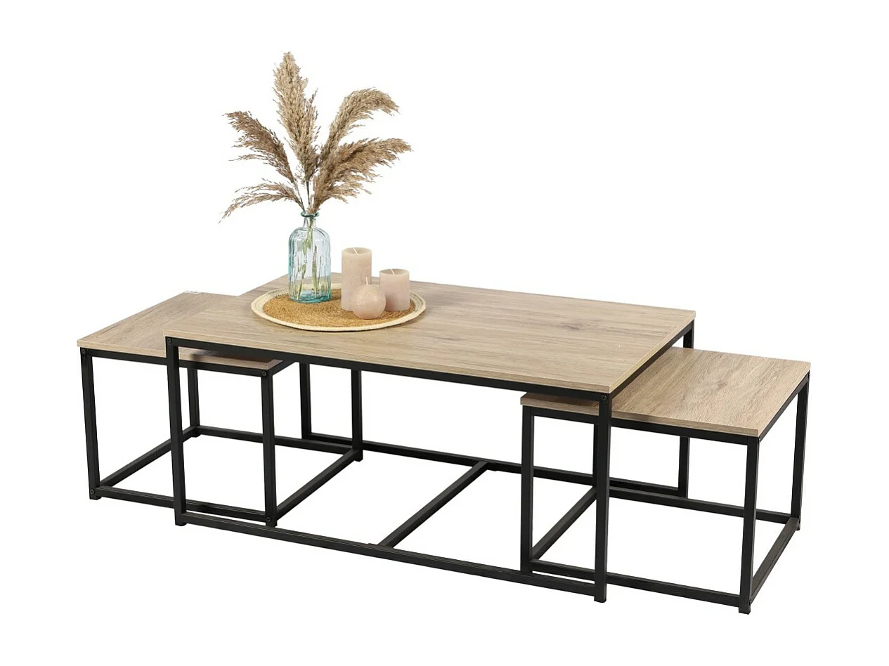 Set von 3 quadratischen Beistelltischen, verschachtelte Kollektion RANON – klassischer Stil, Farbe helles Eichenholz, 100x60xH45 cm