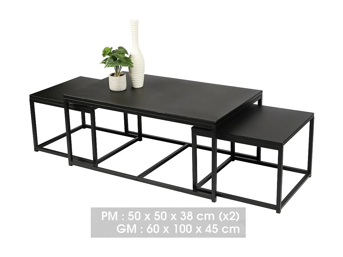 Set van 3 vierkante bijzettafels in SOHO-collectie – Industriële stijl, zwart, afmetingen 100x60xH45 cm