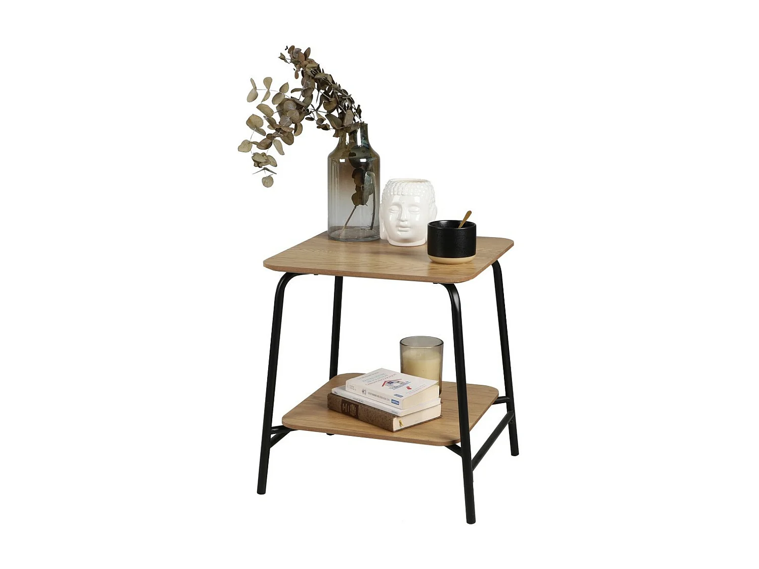 Table d'appoint carrée style classique collection PAGNOL – Coloris chêne clair avec 1 étage, dimensions 45x45xH51 cm