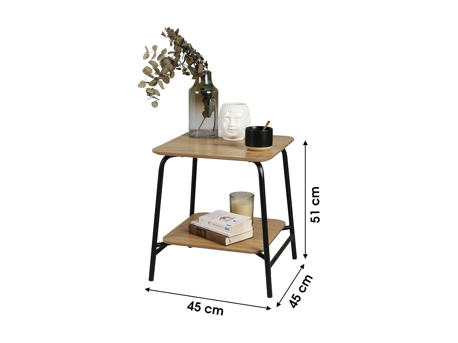 Table d'appoint carrée style classique collection PAGNOL – Coloris chêne clair avec 1 étage, dimensions 45x45xH51 cm