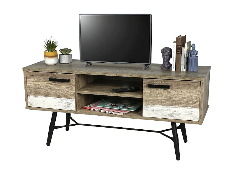 Móvel para TV estilo escandinavo com 2 portas e 2 prateleiras na cor carvalho envelhecido 120x40xH55cm.