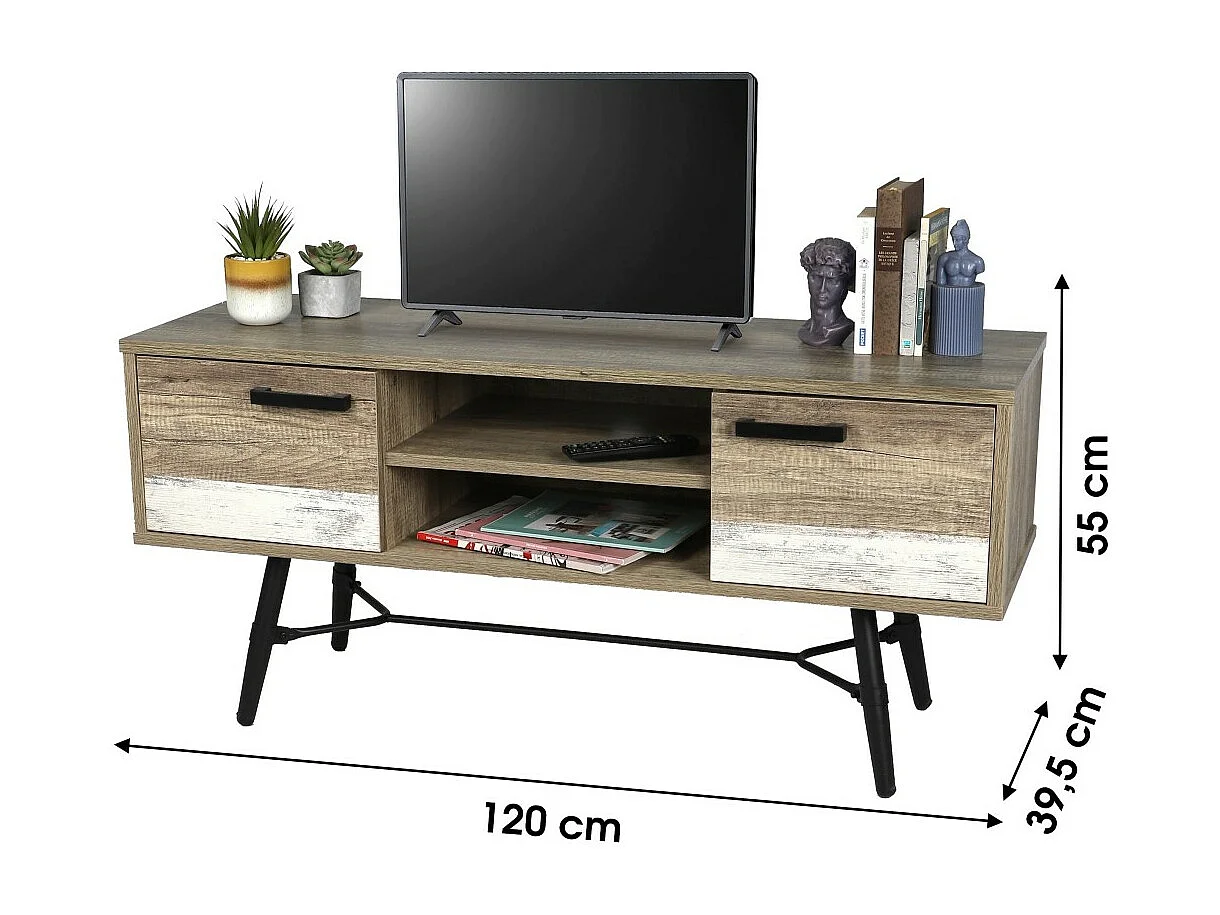 Skandinavischer Fernsehschrank mit 2 Türen und 2 Regalen, Farbe: gealterte Eiche – Kollektion UMÉA 120x55x40 cm