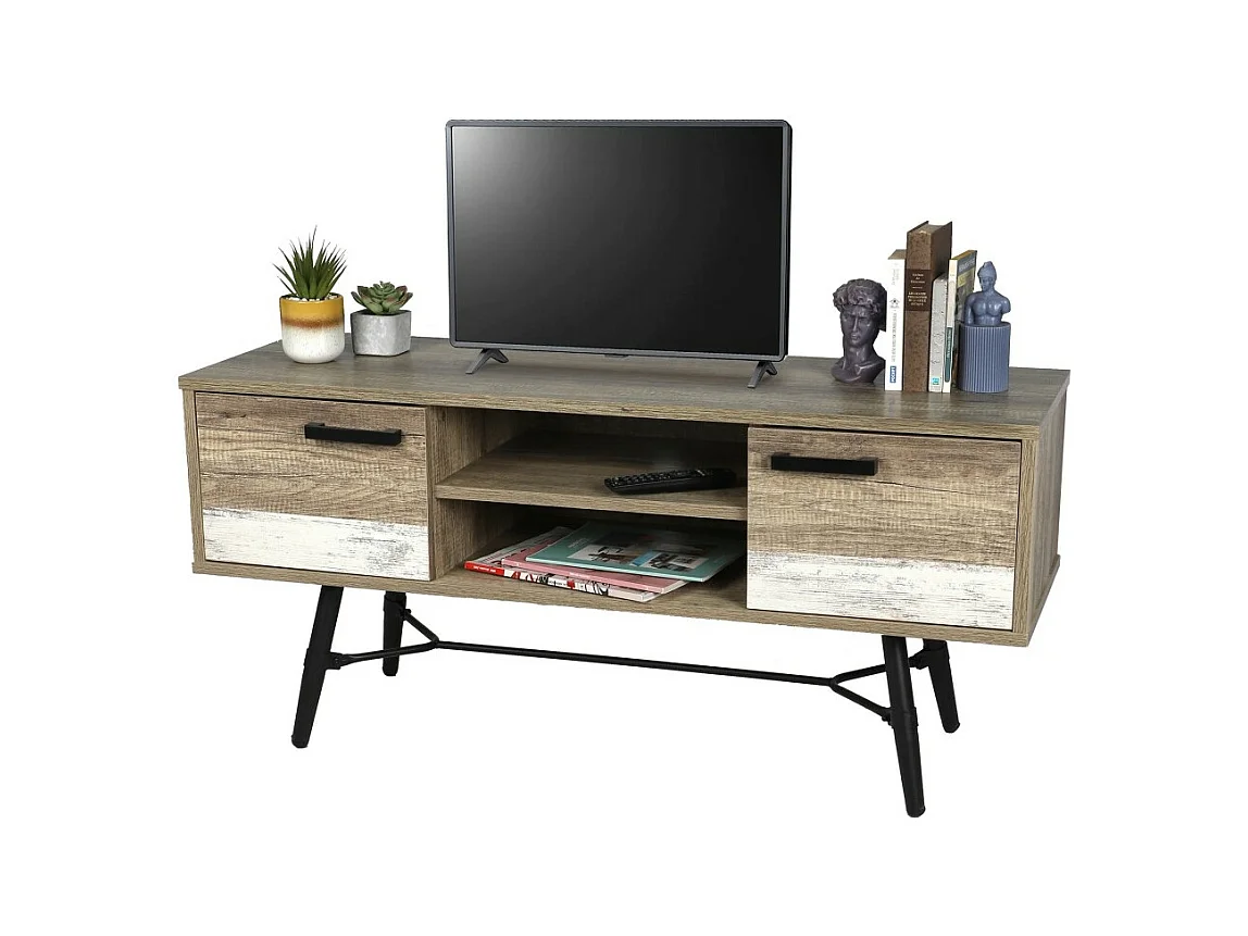 TV-meubel in Scandinavische stijl met 2 deuren en 2 planken in verouderde eiken kleur – Collectie UMÉA 120x55x40 cm