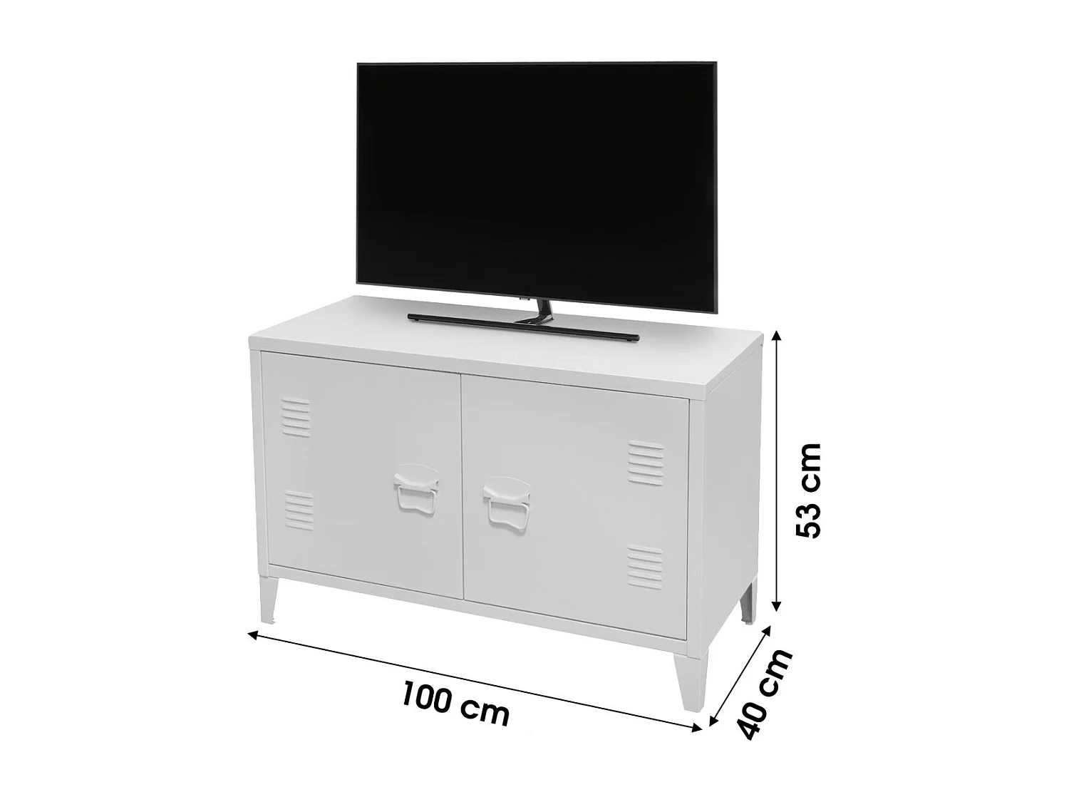 Meuble TV style industriel avec 2 portes en métal – Dimensions 100x40x53 cm, coloris blanc