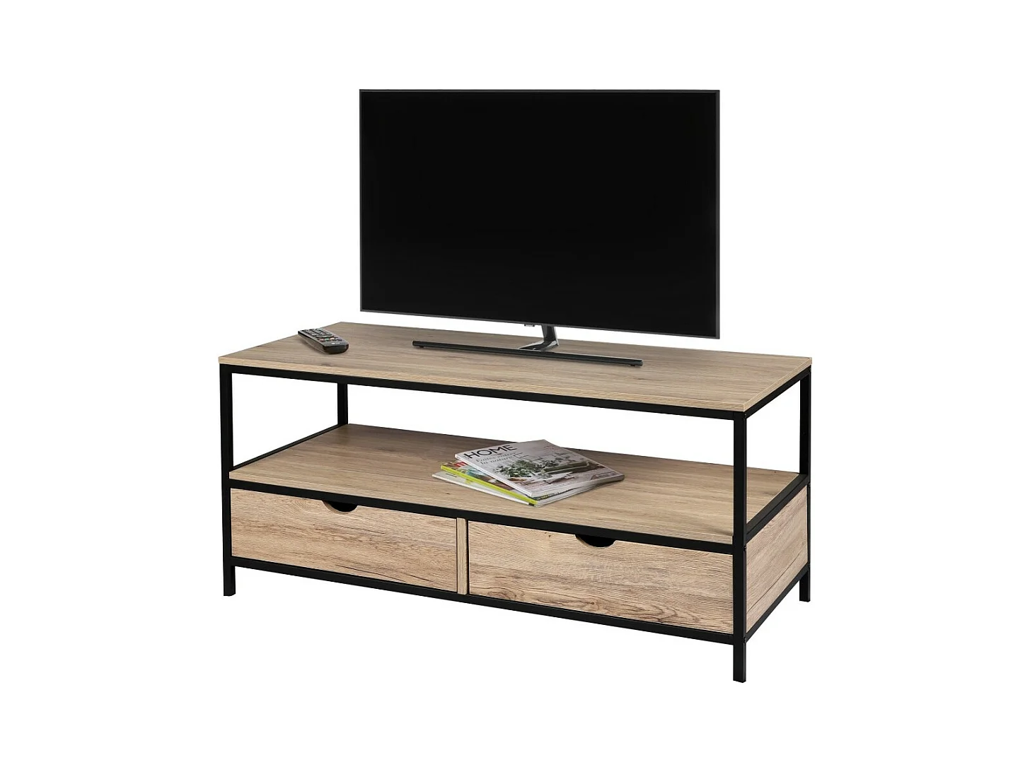 Meuble TV style classique avec 2 tiroirs collection RANONG– Coloris chêne clair & noir, dimensions 120x39xH57 cm