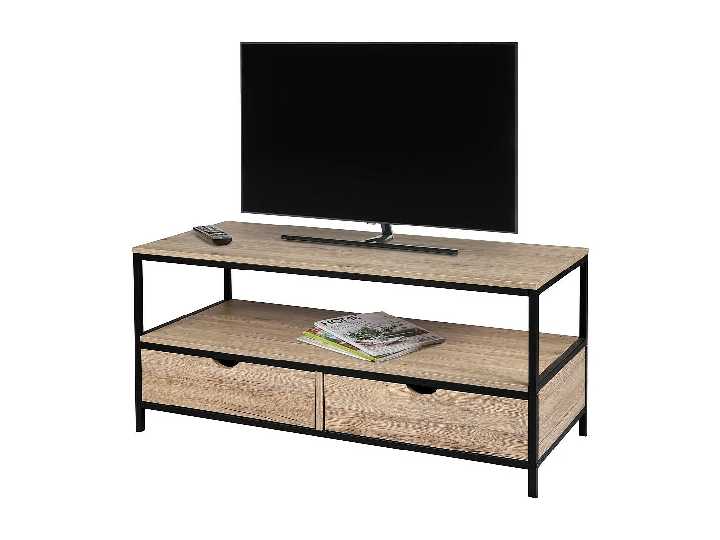 TV-Möbel im klassischen Stil mit 2 Schubladen, Kollektion RANONG – Farbe helles Eichenholz & Schwarz, Maße 120x39xH57 cm