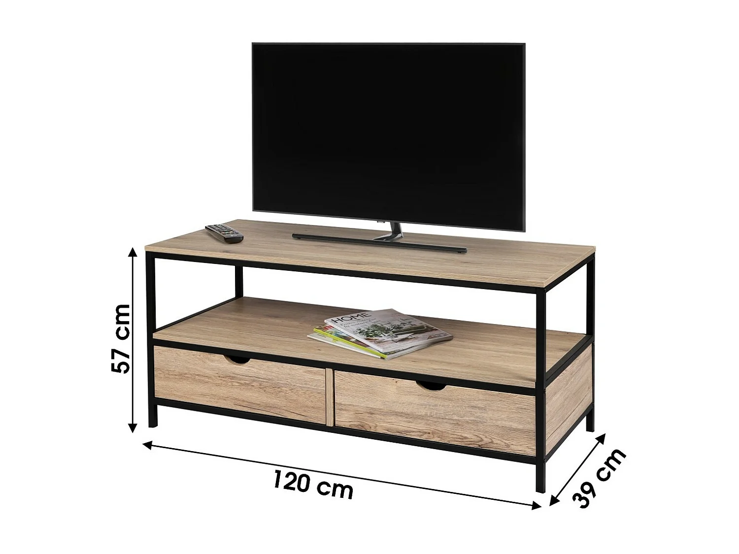 TV-Möbel im klassischen Stil mit 2 Schubladen, Kollektion RANONG – Farbe helles Eichenholz & Schwarz, Maße 120x39xH57 cm