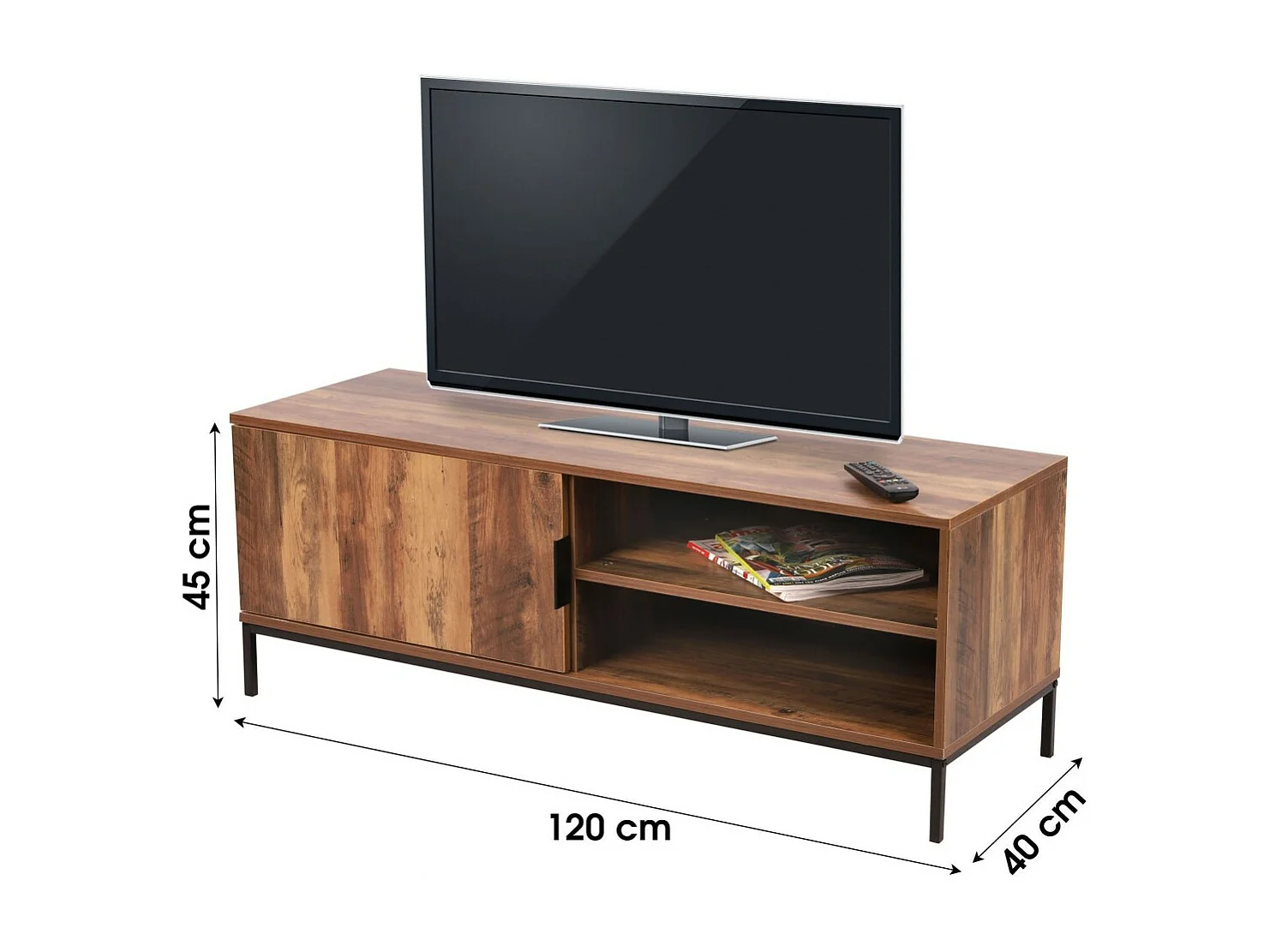 Meuble TV JAYCE – Noyer avec 1 porte et 2 étagères – L120 x H45 x P40 cm