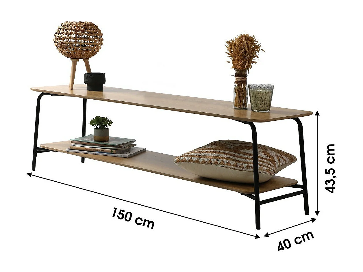 Industriële stijl TV-meubel collectie PAGNOL – Kleur licht eiken, afmetingen 150x40xH44 cm